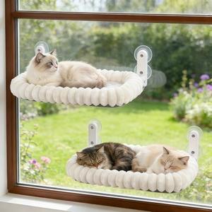 Zoratoo 2PC Cat Window Perch with Bolster Foldable Cat Hammock Cushion Bed for Window with Metal Frame, Cloud-Cuddle Cordless Window Resting Seat for Indoor Cats (Cushion Bed, White-L)