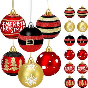 FYSUIMU 24Pcs Christmas Ball Ornaments Red Gold Black Glitter Dot Stripe Snowflake Xmas Tree Hanging Decorations for Home Party Supplies, 2.4 Inch
