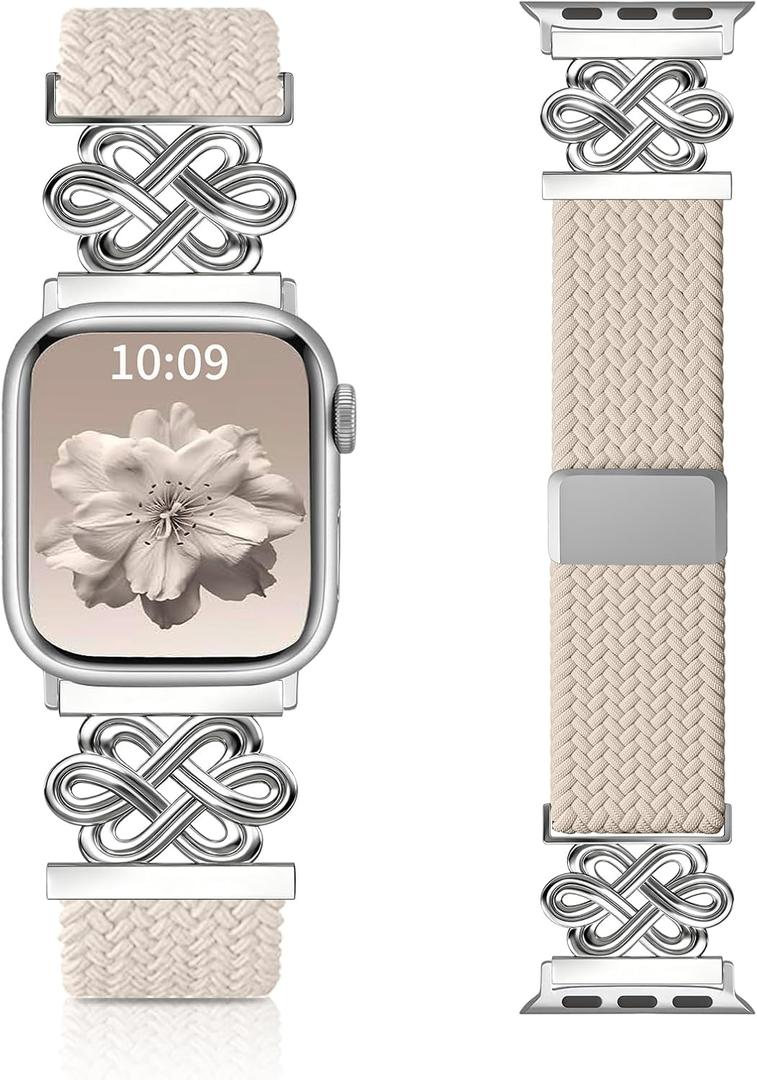Braided Band Compatible with Apple Watch Bands 40mm 38mm 41mm 42mm 44mm 45mm 46mm 49mm, Magnetic Clasp Fabric Nylon Interlock Buckle Straps for iWatch Ultra Series 10/9/8/7/6/5/4/3/2/1/SE (Starlight)