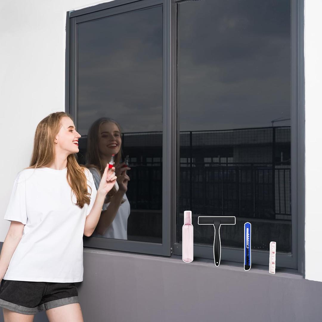 One Way Window Privacy Film with Tools, Malleable Window Tint for Home, Two Sided Protective Film, Static Cling, Removable, Reusable, Anti-UV, Anti-Glare, Heat Blocking (Black, 45.2Inch196.9Inch)