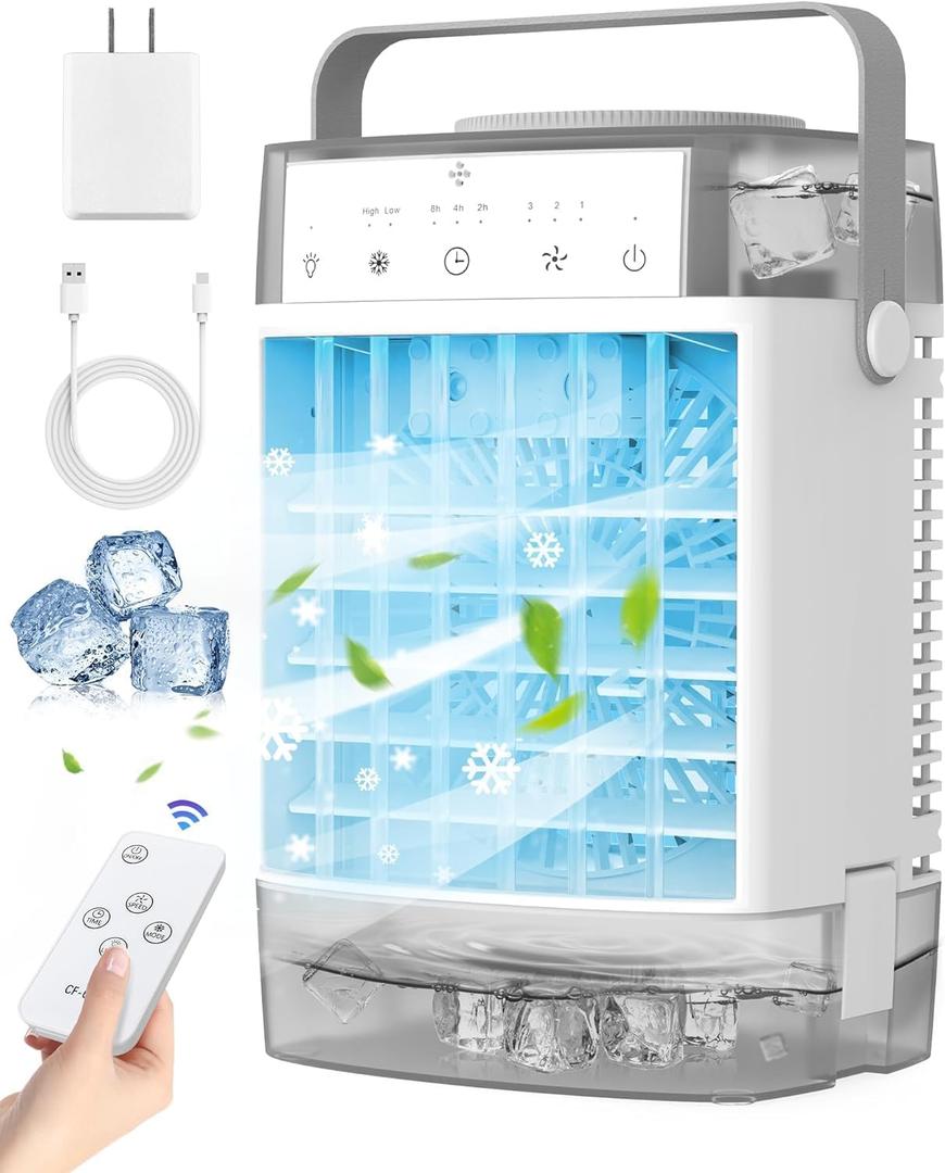 Portable Air Conditioner, Personal Evaporative Air Cooler with Dual Tank, 2 Mist Modes, 3 Wind Speed, USB Powered Desk Cooling Fan with 7-Color Mood Lighting for Office/Bedroom