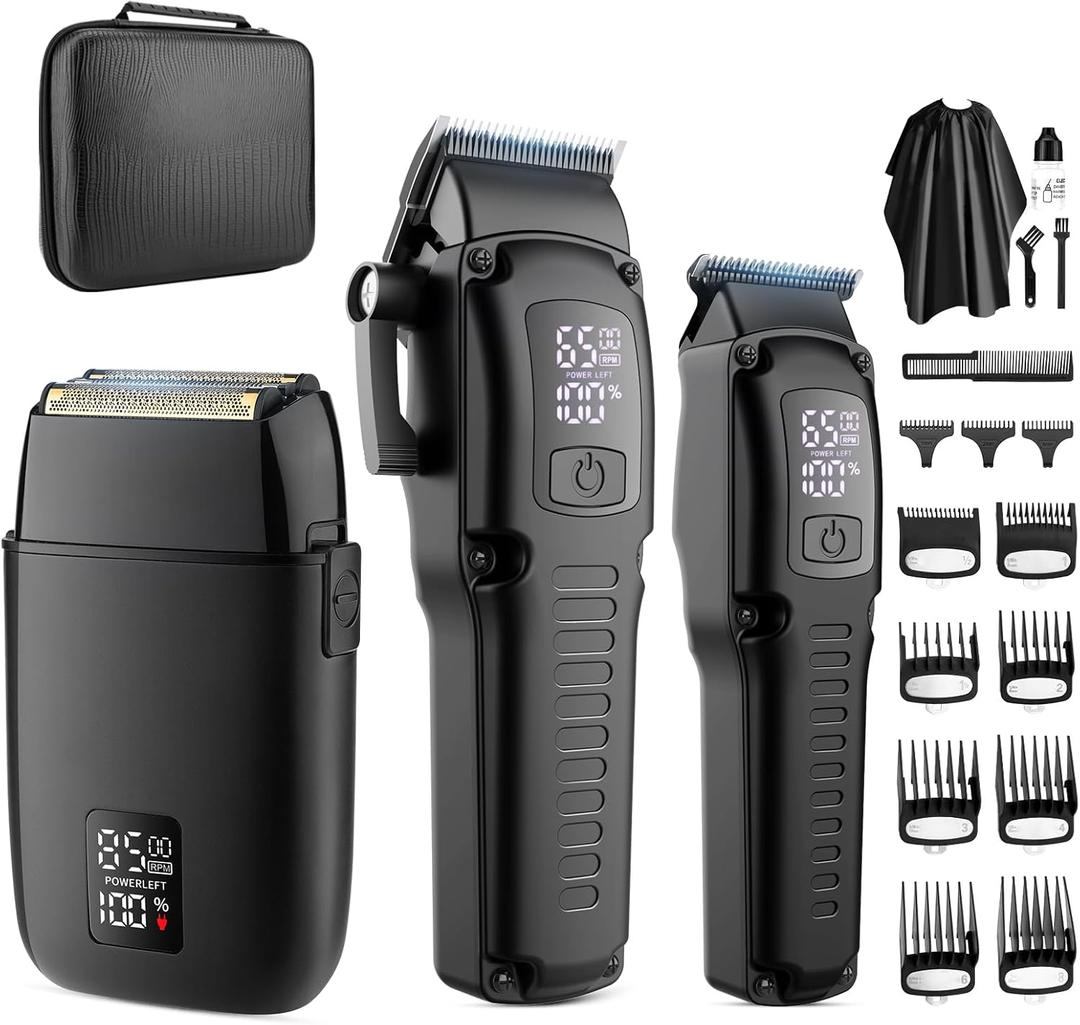 Professional Barber Hair Clippers Trimmer Shaver Set for Men, Cordless Hair Cutting Kit & Zero Gap T-Blade Trimmer & 8500 RPM Electric Shaver Combo with EVA Case, Mens Gift (Black)