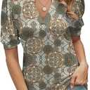 Romanstii Women Casual V-Neck T-Shirts Loose Puff Short Sleeve Tops Tunic Blouses (M)