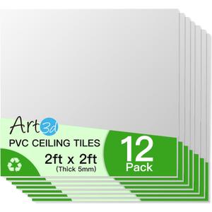Art3d 24"x24" Smooth Drop Ceiling Tiles (48 Sq.Ft), 12-Pack 2ft x 2ft PVC Tiles for Home and Office, Waterproof and Reusable Plastic Ceiling, White