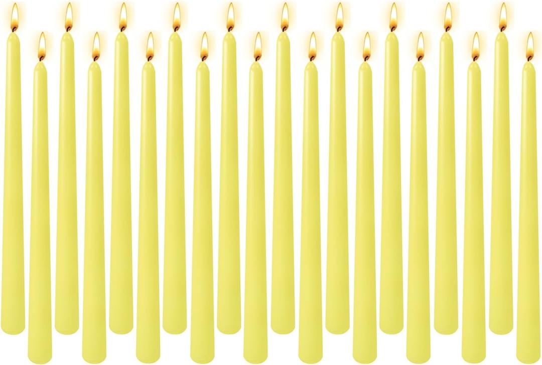 20-Pack Yellow Taper Candles Unscented, 10 Inch Tall Dinner Table Candlesticks for Wedding Centerpieces, Bulk Tapered Candles Long Burning Smokeless Dripless, Bright Decorative Candles for Home Decor