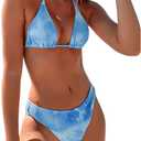 SweatyRocks Women's 2 Piece Bathing Suit Tie Dye Halter Triangle Bikini Set Tie Back Swimsuit Blue S