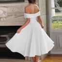 YMDUCH Women's Elegant Off Shoulder Short Sleeve A line Flowy Swing Cocktail Party Long Dress (White)