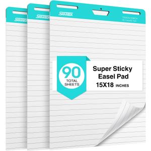 Lined Sticky Easel Pad, 15 * 18 inch,Self-Stick Flip Chart Paper, Super Adhesive & Bleed-Resistant,Micro-Perforated Tear,Classroom Teacher Office Presentation Pads,3 Pads/Pack,90Sheets