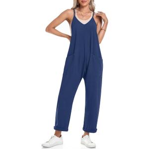 TARSE Women's Sleeveless Jumpsuits V Neck Harem Overalls Causal Adjustable Straps Stretchy Comfy Romper with Pockets 2025 (Blue, M)
