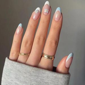 24 Pcs Blue White French Tip Press on Nails Short Fake Nails Press ons Flowers Designs Full Cover Summer Almond Shape Acrylic Nail Kit False Nails Glue Stick on Nails Manicure for Women