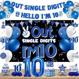 DARUNAXY 10th Birthday Party Decorations for Boys Girls, Blue Out Single Digits Im 10 Banner, 10 Number Balloons & Cake Topper, 10 Years Old Birthday Honeycomb Hanging Swirl Confetti Balloons (28PC)