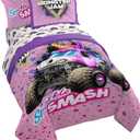 Jay Franco Kids Comforter Set Includes Sheets and Pillow Covers - Soft and Cozy Bed Set for Stylish Room Decor, Pink - Monster Jam, 7 Piece Full Bedding