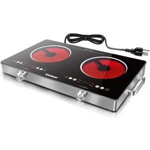Karinear 2 Burner Electric Cooktop 110V, Portable Electric Stove with Handle, Knob Control Electri Hot Plate, Ceramic Countertop Burner, Timer, Safety Lock, 9 Power Level, 2000W, 24 inch(White)