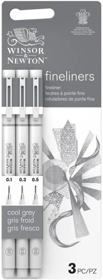 Winsor & Newton Fineliner Fine Point Pen Set, Assorted, Set of 3, Cool Grey