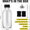 2oz Small Clear Glass Bottles with Lids, 2 Stainless Steel Funnel, 12 Labels, 1 Chalk Marker, 1 Brush - Reusable Boston Bottle for Juice, Ginger Shot, Wellness, Oils, Liquids, Leakproof Travel Bottle