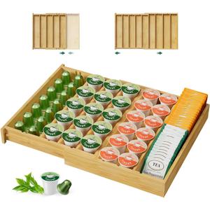 EsLuker.ly Bamboo Coffee Pod K Cup Holder Organizer for Drawer Insert Counter, Expandable Coffee Tea Storage Tray Compatible with Nespresso Vertuo Capsules - Easy Access for Office Home Kitchen