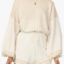 Gihuo Women' s Striped 2 Piece Outfits Crewneck Knit Pullover Sweater Shorts Set Wide Leg Matching Set Loungewear, Size M