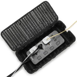Delamu Handmade Rattan Cable Management Box, Cord Organizer with 2 Open Slots, Desk Cord Hider Box for Computer Router USB Hub Power Strip, 12.5" Lx 5.1" Wx 5.1" H, Black