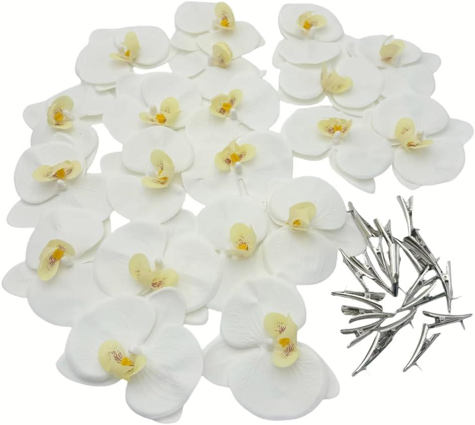 4.3 Inch Artificial Flower Heads Plastic Orchid That Look Real,Fake Orchid Flowers with Clips,Tropical Faux Flower Heads DIY Craft Orchid Clips,Wreath, Gift, Cake Decoration (20, White)