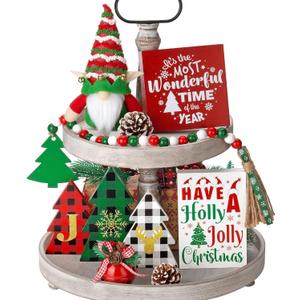 Christmas Tiered Tray Decor 10 PCS Christmas Decorations for Home - Christmas Table Decor Wooden Signs & Christmas Gnome Plush Set - Farmhouse Christmas Tray Decor Kitchen Table Mantel Christmas Party (A1.red & Green)