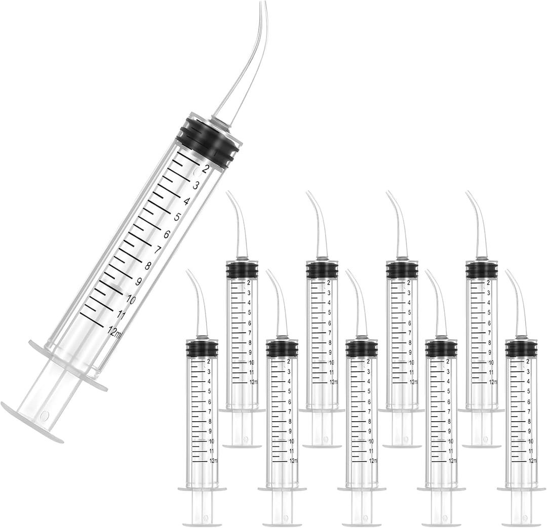 JMU 10 Pcs Dental Irrigation Syringe with Curved Tip 12cc/ml, Curved Wisdom Teeth Syringe Dental with Measurement
