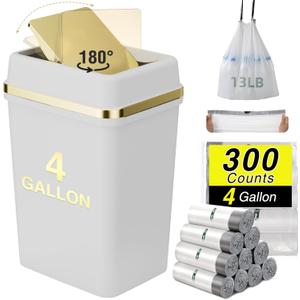 Bathroom Trash Can with Lid 4 Gallon Trash Can Small Garbage Can White Trash Can with 300 Counts Trash Bags for Kitchen Bedroom Office Dorm