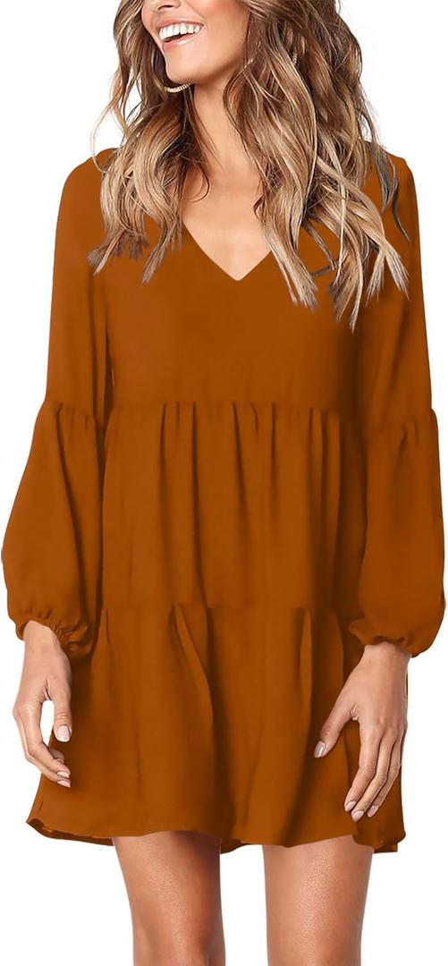 Amoretu Womens Tunic Dress Long Sleeve V Neck Casual Loose Flowy Swing Shift Dresses (Medium, Caramel)