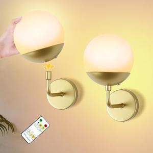 Jaenmsa Battery Operated Wall Sconce Set of 2, Rechargeable Wireless Sconces with Dimmable Detachable Magnetic Bulbs and Remote, 3 Colors Wall Lights for Bedroom Living Room Hallway Fireplace, 8 Inch, Gold