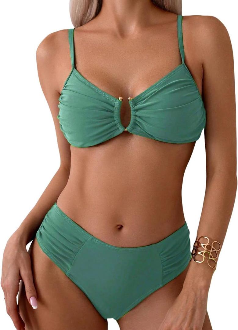 Tainehs Two Piece Swimsuits for Women Bikini Sets Ruched V Neck Mid Rise Back Hook Bathing Suit (Medium, Light Green)