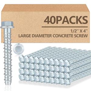 Tandefio 40 Pack 1/2 x 4 Concrete Screw Anchors Galvanized Large Diameter Heavy Duty Plated Concrete Anchors for Masonry Brick Anchoring Block Decking Framing Hex Drive