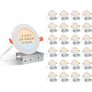 24 Pack 4 Inch 5CCT LED Recessed Lighting with Junction Box, Ultra-Thin Dimmable Canless Ceiling Lights, 11W 800LM Brightness, 2700K/3000K/3500K/4000K/5000K Selectable, IC&ETL&FCC