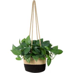 Hanging Planter Basket Jute Rope Woven Plant Hangers Indoor Hanging Plant Holder Up to 7" Pot Macrame Modern Storage Organizer Home Decor (Jute-Black)