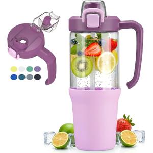 32oz Glass Water Bottle, 2-in-1 Straw and Sip Spout Lid, Leakproof Wide Mouth Tumbler with Handle, BPA-Free Reusable Bottle for Sports, Office, Outdoor, Lilac