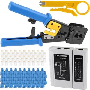 AITRIP RJ45 Crimp Tool Kit Pass Thru Cat5 Cat5e Cat6 RJ45 Crimping Tool with RJ45 Cat6 Pass Through Connectors, Covers,1 Wire Punch Down Cutter,Network Cable Tester