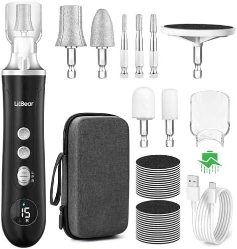 Litbear Electric Nail Drill File for Hand Feet Care, 15 Speed Professional Nail Grinder for Thick Toenails, Cordless Pedicure Manicure Set for Women Men Senior, Home Salon Use (Black)