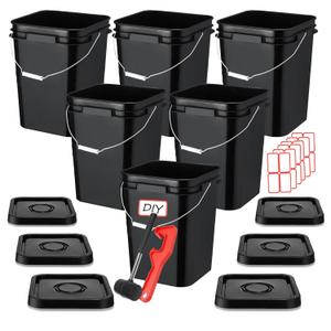 5 Gallon with Lid, Square Food Grade Plastic Pail with Metal Handles, Heavy Duty Industrial Storage Containers with Stickers, Rubber Mallet, Lid Opener (6 Pack, Black)