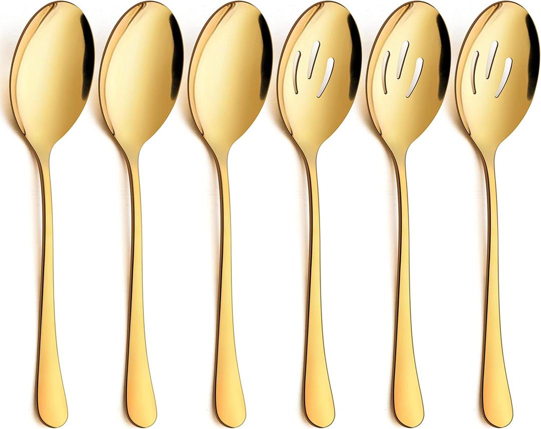 LIANYU 6 Pack Gold Serving Spoons Set, Large Slotted Spoons, Stainless Steel Buffet Dinner Restaurant Golden Serving Utensils, Catering Set for Party Banquet, 9.8 Inch