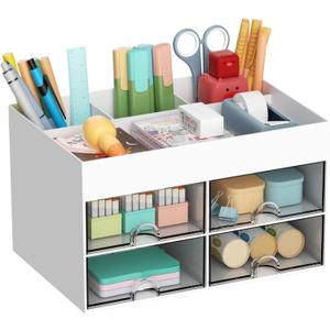 Marbrasse Pen Organizer with 4 Drawer, Multi-Functional Pencil Holder for Desk, Desk Organizers and Accessories with 4 Compartments + Drawer for Office Art Supplies (White)
