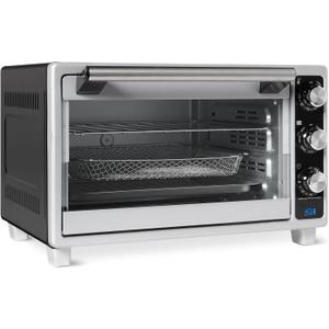 Amazon Basics 6-Slice 23-QT Toaster Oven with Built-In Air Fryer, 7-In-1 Cooking Options, 60-Min Timer & Adjustable Temperature (200F - 450F), With Accessories, 1500W, Stainless Steel, Silver/Gray