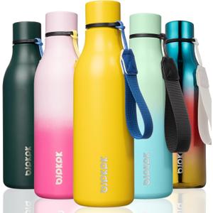 BJPKPK Insulated Water Bottles, 18 oz Stainless Steel Metal Water Bottle with Strap, BPA Free Leak Proof Jugs, Mugs, Flasks, Reusable Thermal Flasks for Sports & Travel, Yellow