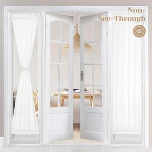 HOMEIDEAS Non-See-Through French Door Curtains Set of 2 for Front Door, Light Filtering Privacy Semi Sheer Window Curtains with Rod Pocket and Tie Back, White, 26W X 72L Inch