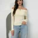Women's Autumn Sweater, 2026 Casual Long Sleeve Off-The-Shoulder Strapless Knitted Sweater, Pullover Sweater (Beige, L)