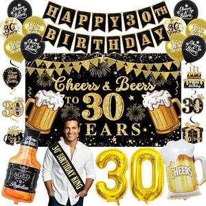 Vlipoeasn 30th Birthday Decorations for Him, Cheers and Beers to 30 Years Decorations for Men, Happy 30th Birthday Decor Kit with Backdrop Banner, King Sash