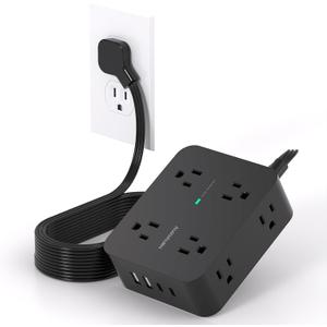 10 Ft Power Strip Long Cord, HANYCONY Extension Cord Surge Protector with Flat Plug, 8 Outlets 4 USB Charging Station(2 USB C), Wall Multiple Plug Outlet Extender for Home Office Desk