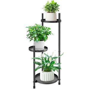 3-Tier Metal Plant Stand for Indoor & Outdoor, Heavy Duty Corner Flower Shelf Display Rack for Living Room Balcony Patio Garden Bedroom Classroom Black (Black-B)
