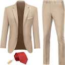 Men Suit 2 Piece Groomsmen Tuxedo Prom Blazer Slim Fit Suits Two Button Wedding Dress Jacket Pants Set with Tie (Beige, L)