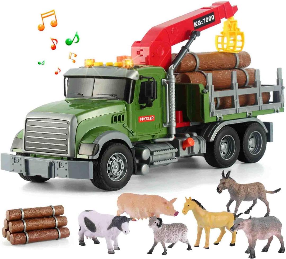 Timber Logging Truck w/ Functional Loading Crane Toy & Bundle of Logs, Large 15" Semi Transport Tow Truck Hauler Playset for Kids, Boys Ages 3 4 5 6 7 8, Lights & Sounds, 6 Farm Animals, Birthday Gift (Timber Truck)