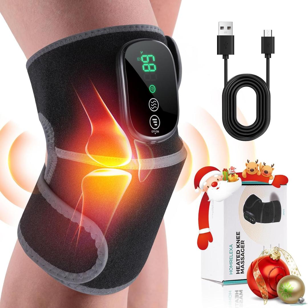 Cordless Heated Knee Massager, 3-in-1 Heating Pad with 3 Vibration and Heating Mode, Auto-Off Timer, Knee Brace for Shoulder Elbow, Gifts for Men Women, Black (One Size)
