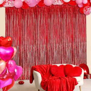 3 x Red Backdrop Party Decorations - 3 Pack of 3.2x8.2ft Foil Fringe Curtains Streamers Backdrop for Valentines Day Decorations,Birthday,Christmas
