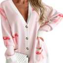 Saodimallsu Womens Oversized Cardigan Sweaters Bow Printed Button V Neck Long Sleeve Loose Knit Fall Trendy Coats (L)